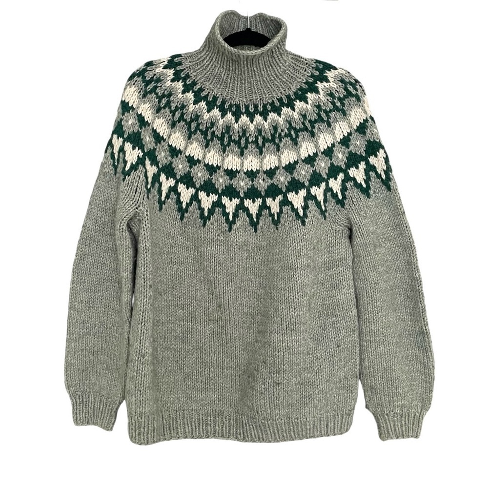 HANDMADE Chunky Knit Fair Isle Turtleneck Sweater Green Cream L
